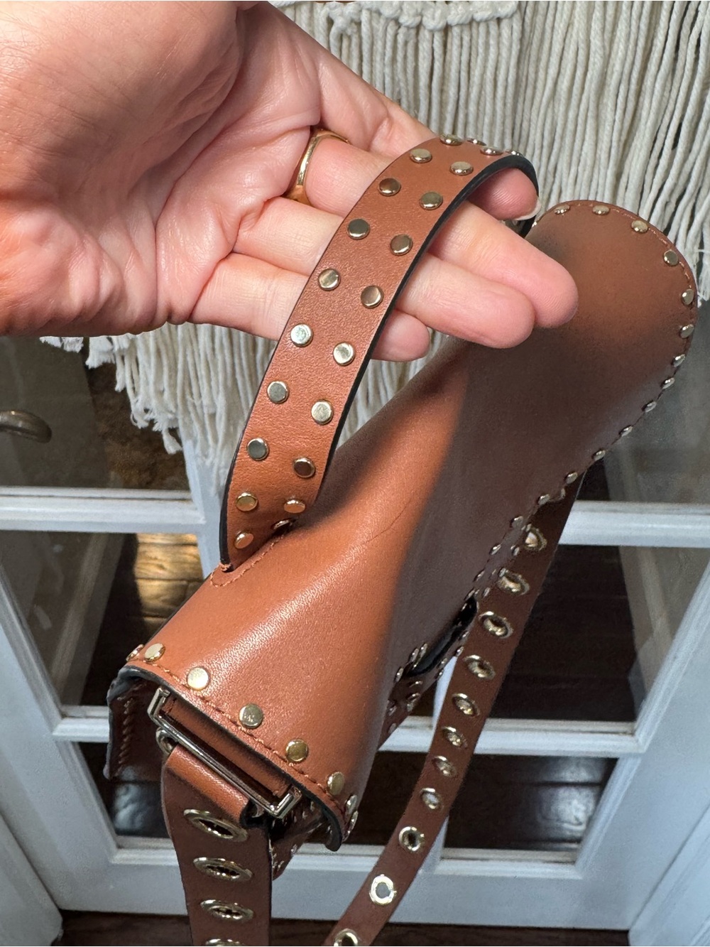 NEW Rebecca Minkoff Brown Studded Leather Crossbody Bag Purse Gold grommets - Picture 6 of 9